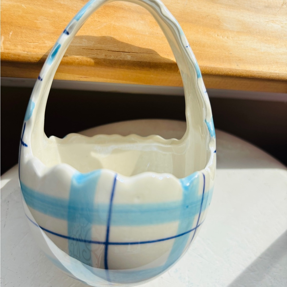 Blue White Ceramic Decorative Basket Planter Easter Cottage Decor